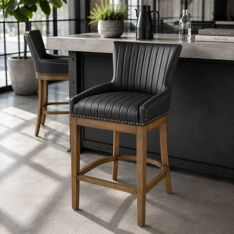 Tabouret de Bar Bois Cuir Véritable - Chiltern Noir