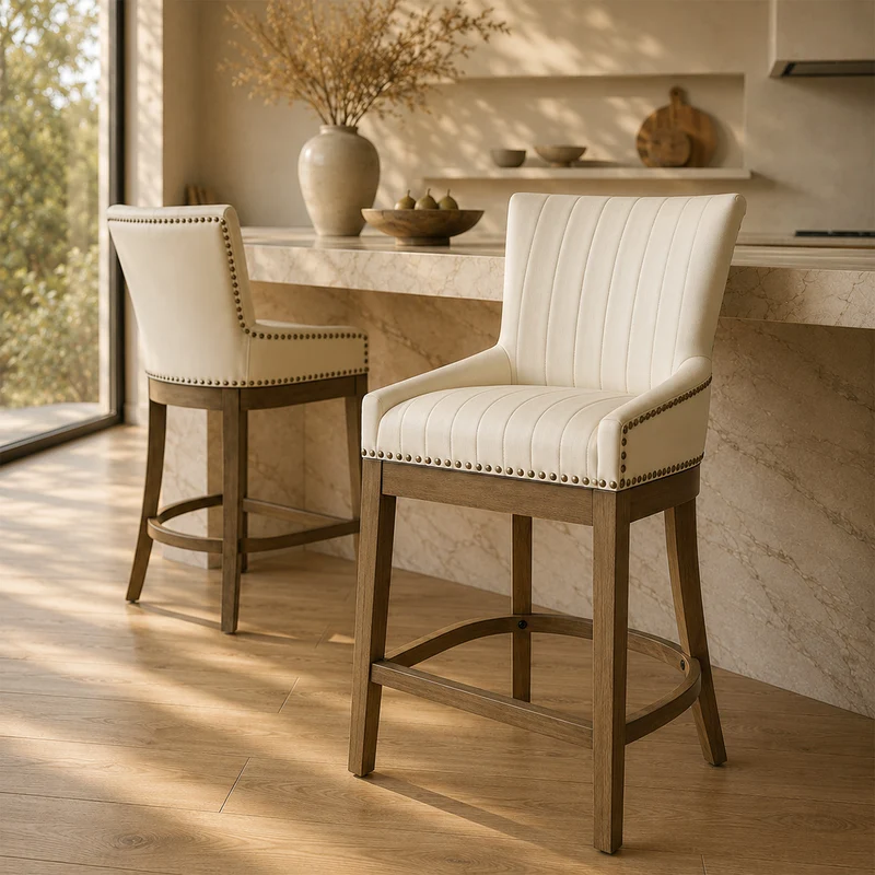Tabouret de Bar Bois Cuir Véritable - Chiltern Crème