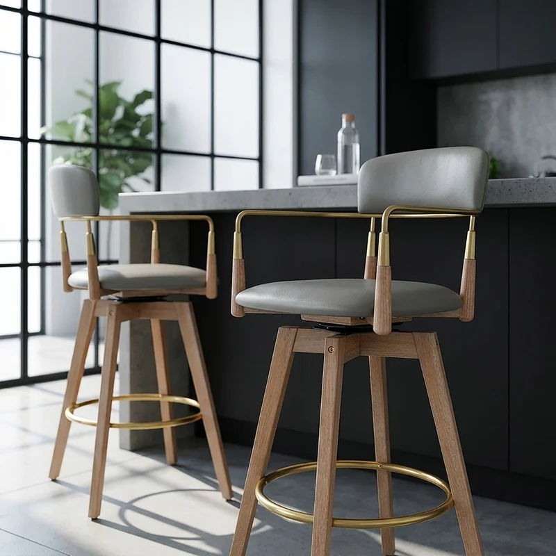 Tabouret de Bar Bois Cuir Véritable - Reed Gris