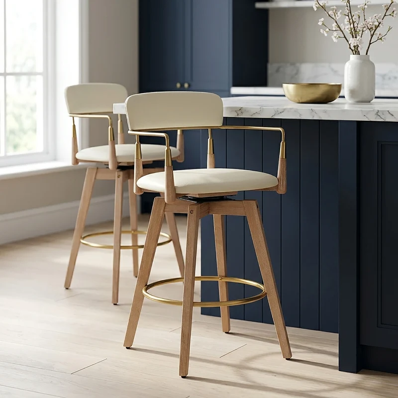 Tabouret de Bar Bois Cuir Véritable - Reed Crème