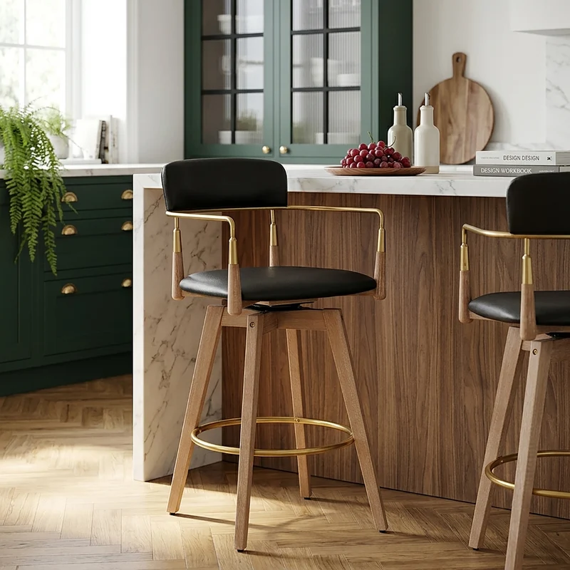 Tabouret de Bar Bois Cuir Véritable - Reed Noir