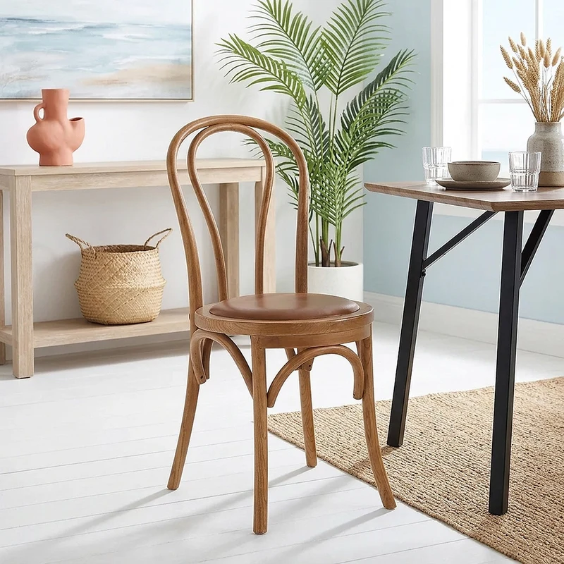 Chaise Bistrot Bois Cuir Véritable - Henri Marron