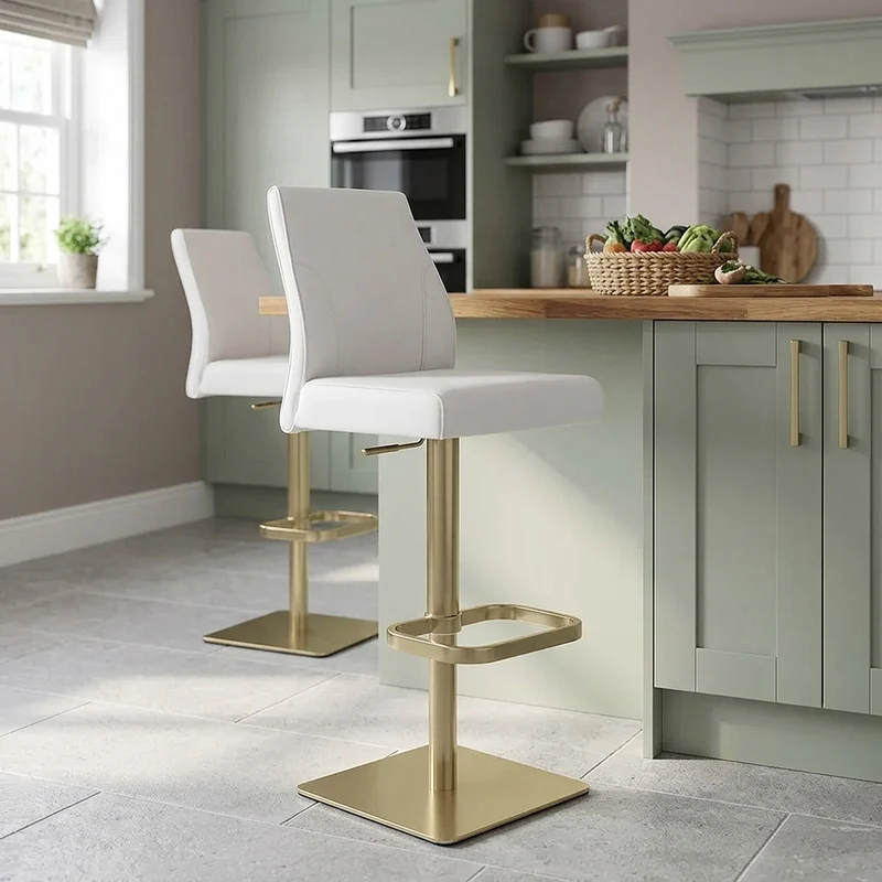 Tabouret de Bar Doré Cuir Véritable - Martello Blanc