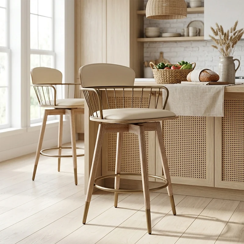 Tabouret de Bar Bois Cuir Véritable - Opera Crème