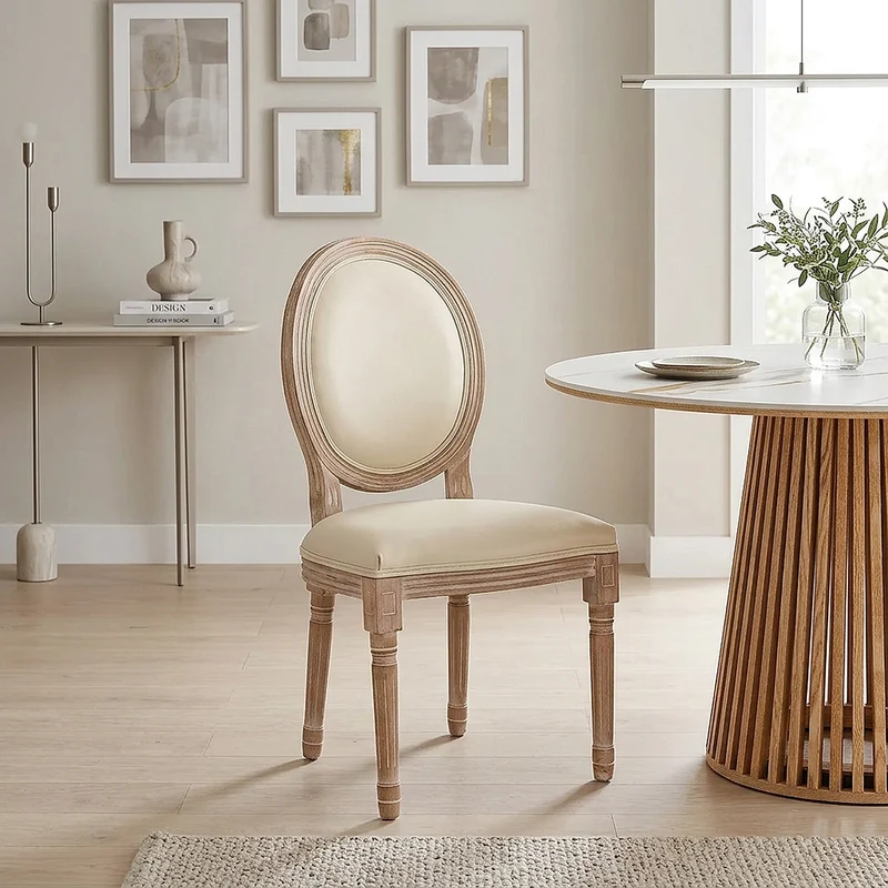 Chaise Bois Cuir Véritable - Louis Crème