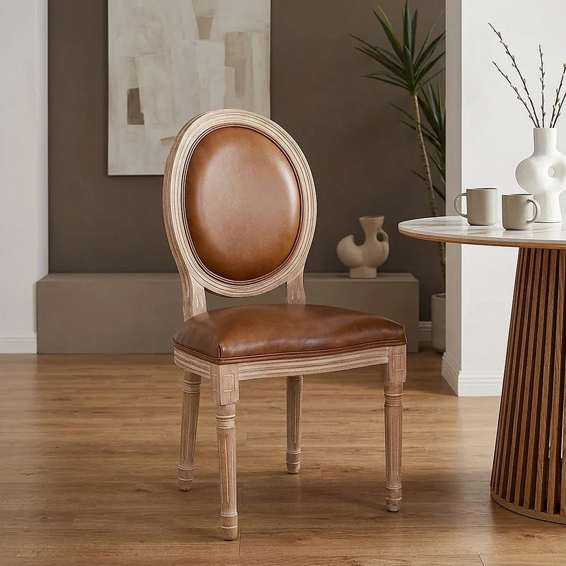 Chaise Bois Cuir Véritable - Louis Marron