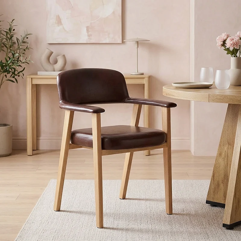 Chaise Bois Cuir Véritable - Elba Marron Antique