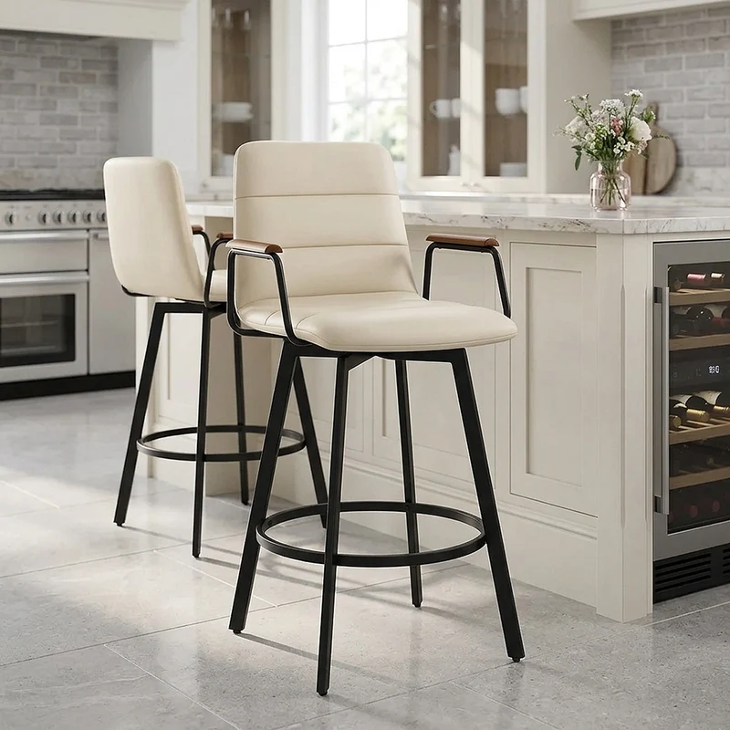 Tabouret Faux Cuir Bois - Marco Crème
