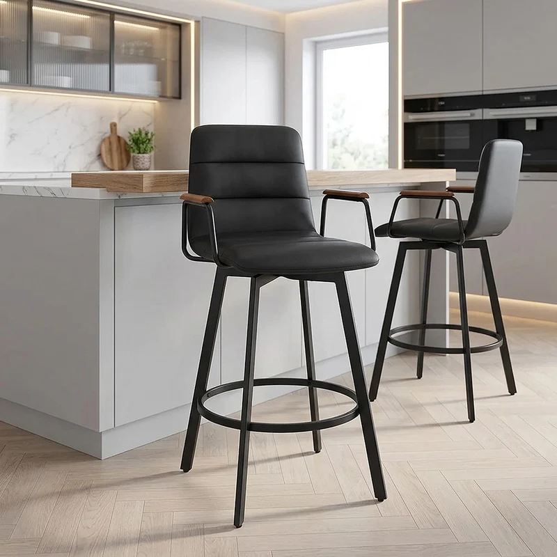 Tabouret Faux Cuir Bois - Marco Noir