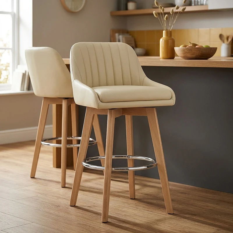 Tabouret de Bar Cuir Veritable Bois - Hamilton Crème