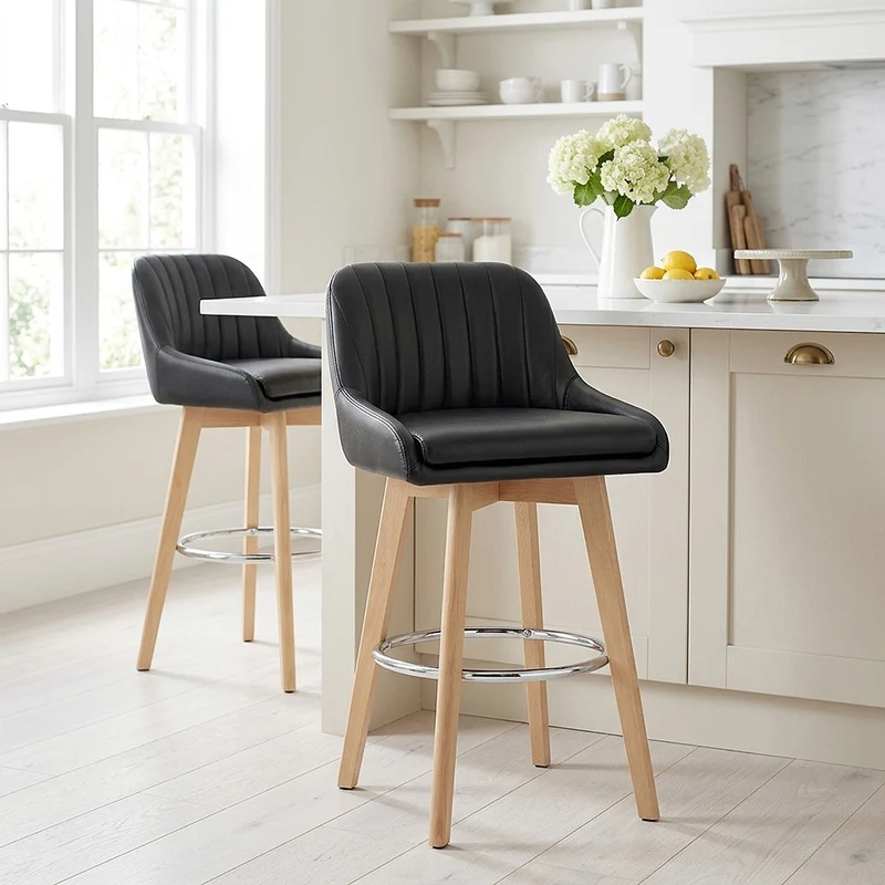 Tabouret de Bar Cuir Veritable Bois - Hamilton Noir