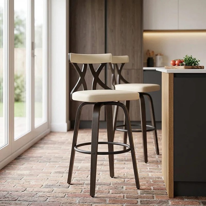 Tabouret de Bar Faux Cuir Bois - Nash Crème