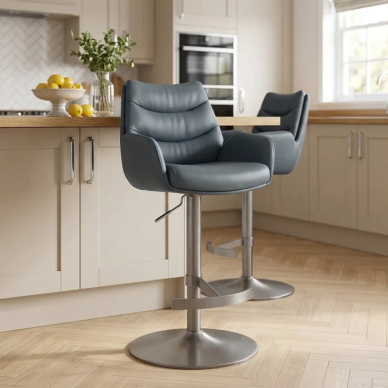 Chaise de Bar Cuir Veritable Graphite Brosse - Seville Bleu