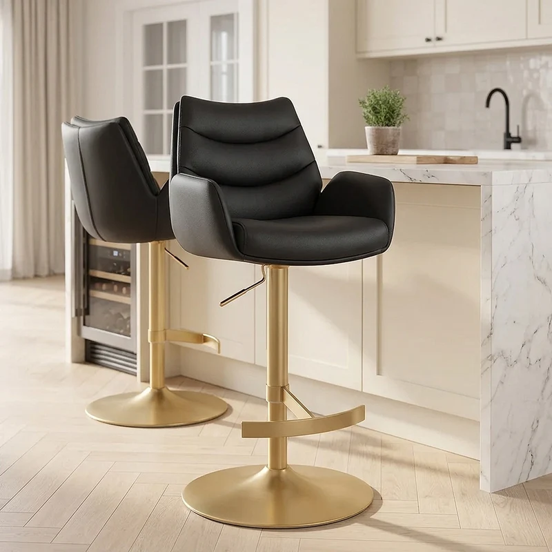 Chaise de Bar Cuir Veritable Or Brosse - Seville Noir