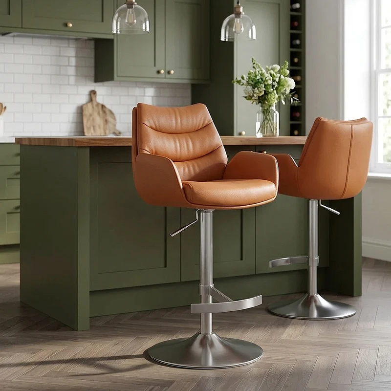 Chaise de Bar Cuir Véritable Chrome Brosse - Seville Marron