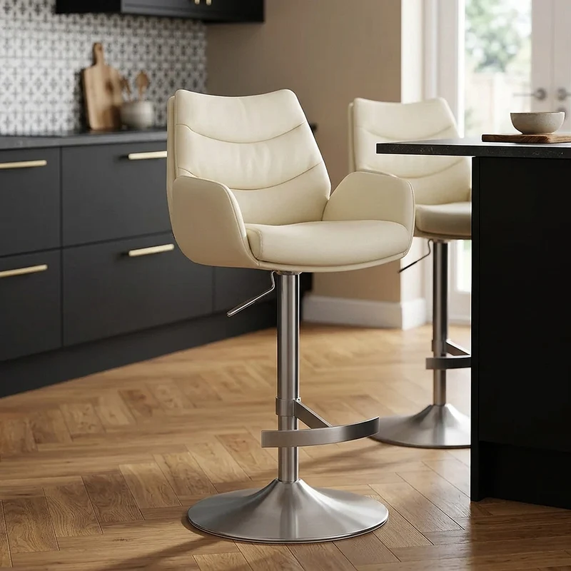 Chaise de Bar Cuir Véritable Chrome Brosse - Seville Crème