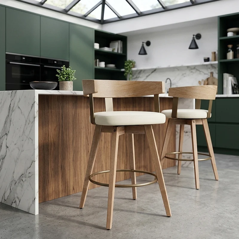 Tabouret de Bar Cuir Veritable Bois - Roman Crème