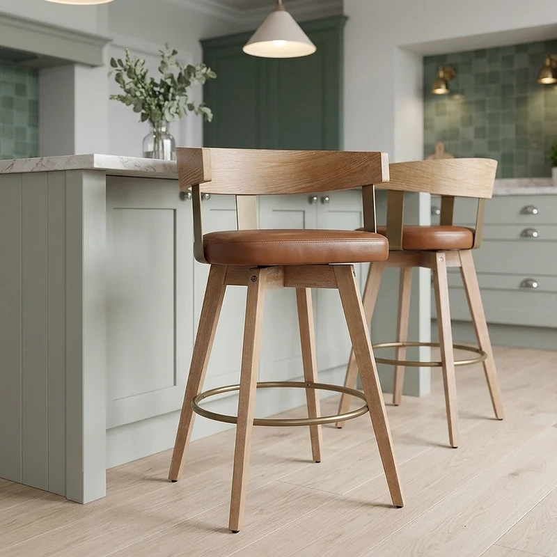 Tabouret de Bar Cuir Veritable Bois - Roman Marron