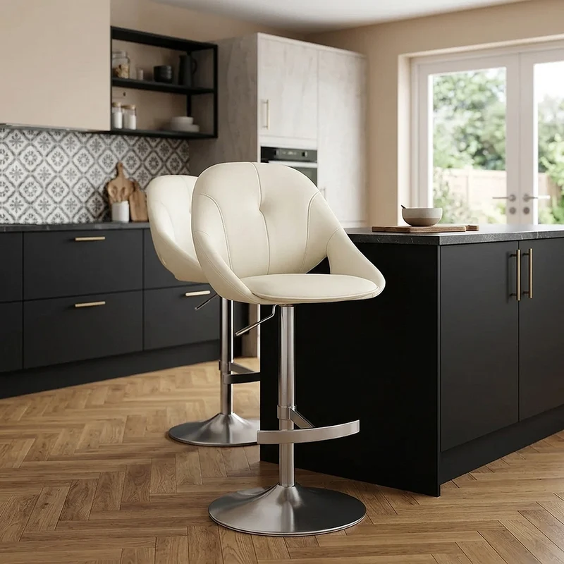Chaise de Bar Cuir eco Chrome Brosse - Rico Crème