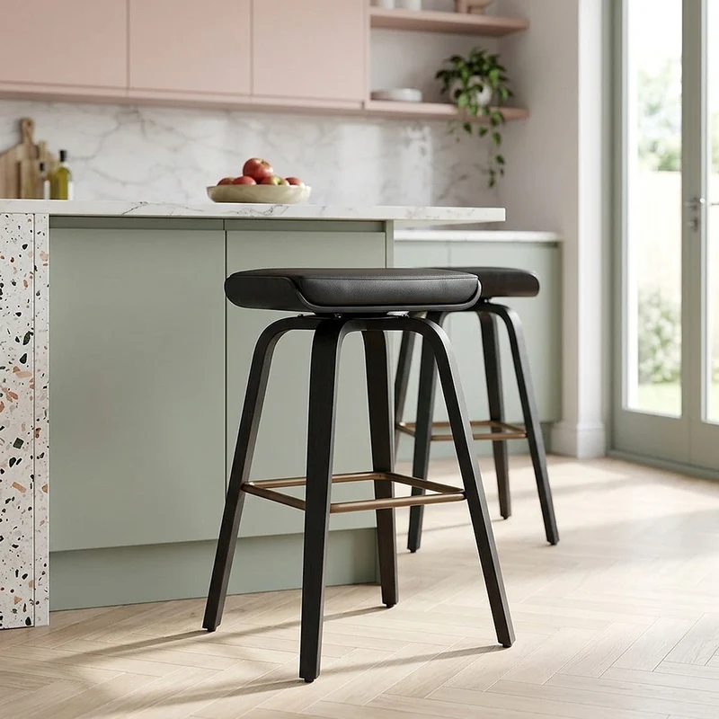 Tabouret de Bar Cuir Veritable Bois - Remy Noir