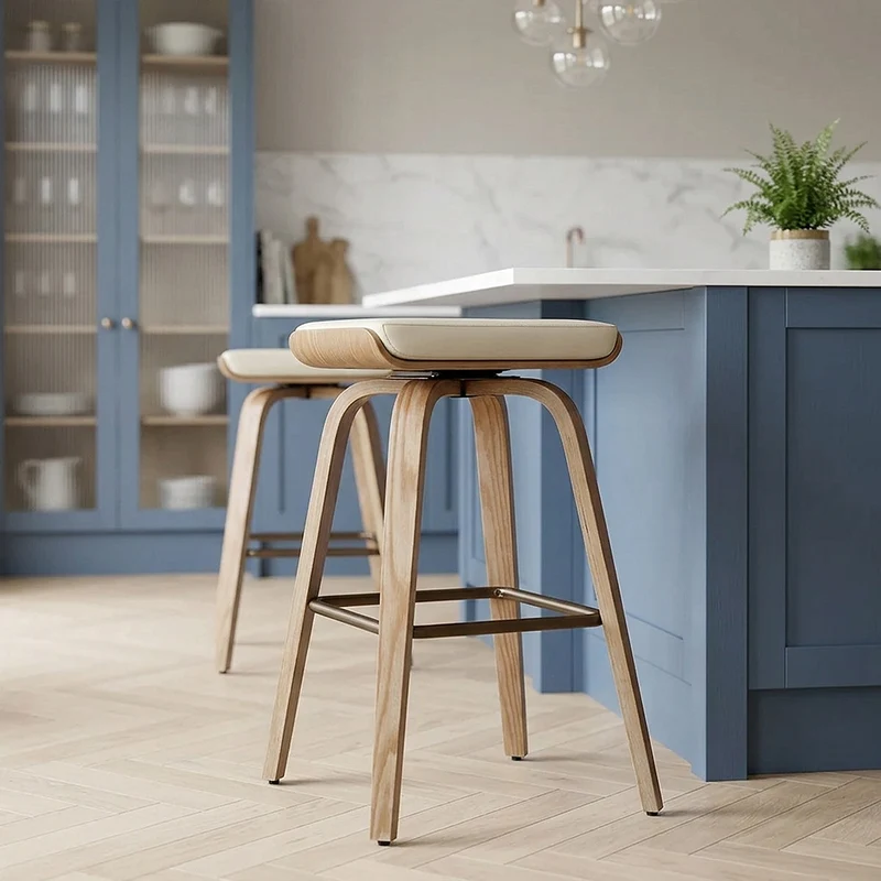 Tabouret de Bar Cuir Veritable Bois - Remy Crème
