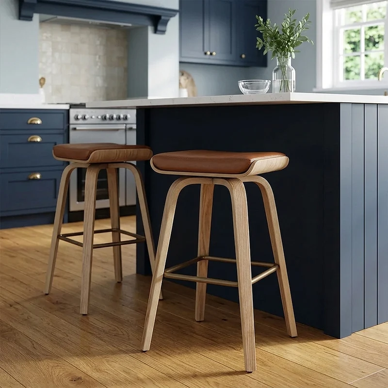 Tabouret de Bar Cuir Veritable Bois - Remy Marron