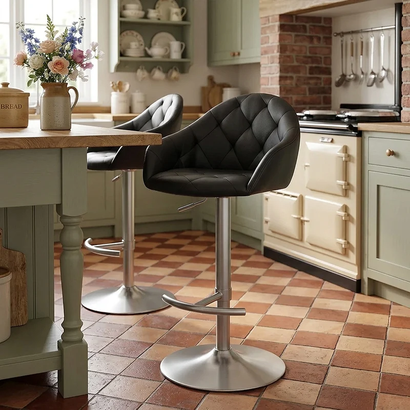 Chaise de Bar Cuir Veritable Chrome Brosse - Perry Noir