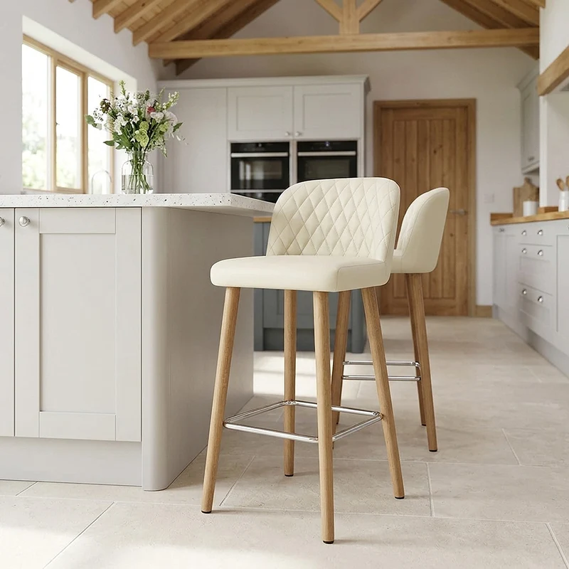 Tabouret de Bar Faux Cuir Bois - Pacific Crème