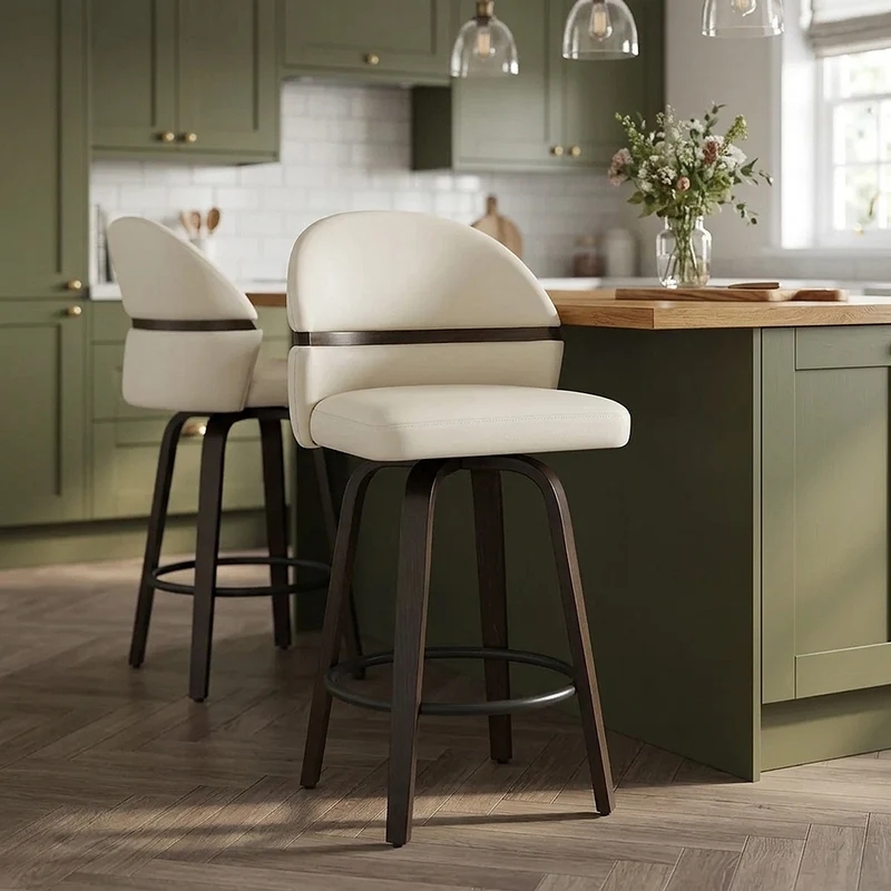 Tabouret Chêne Cuir Veritable - Odessa Crème