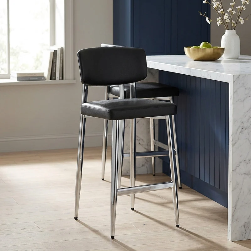 Tabouret Cuir Veritable Chrome - Parker Noir