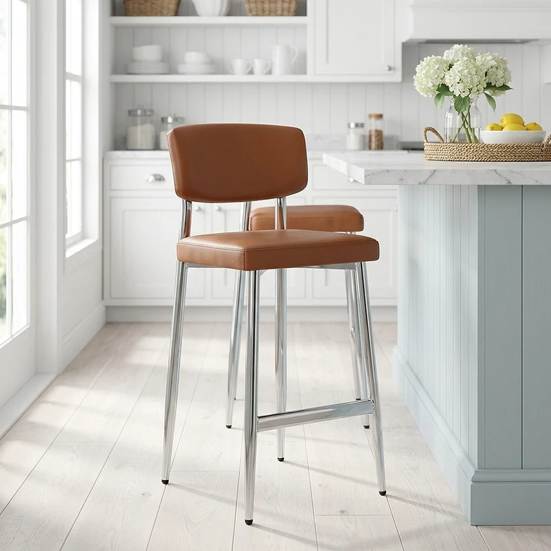Tabouret Cuir Veritable Chrome - Parker Marron