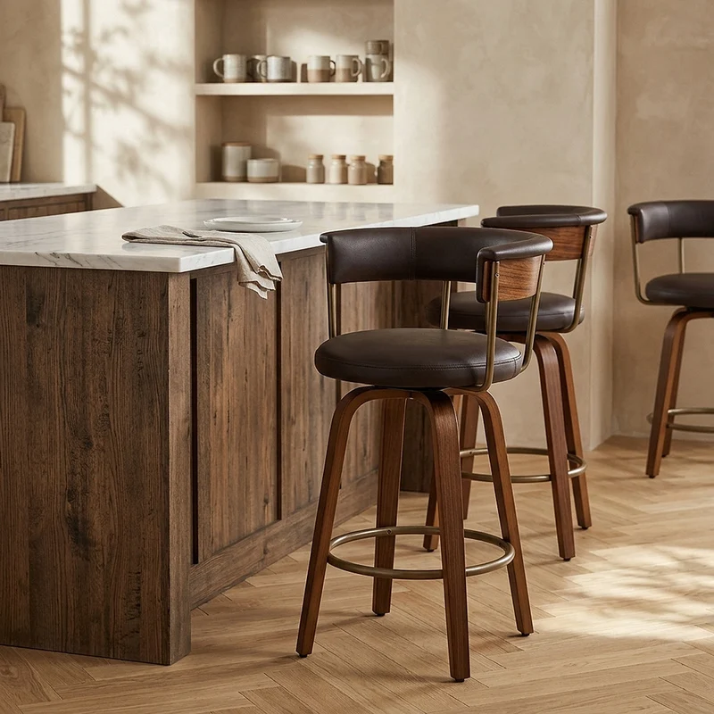 Tabouret de Bar Faux Cuir Bois - Costa Marron
