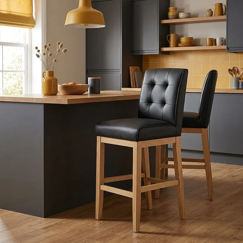 Tabouret de Bar Cuir Veritable Bois - Ashby Noir