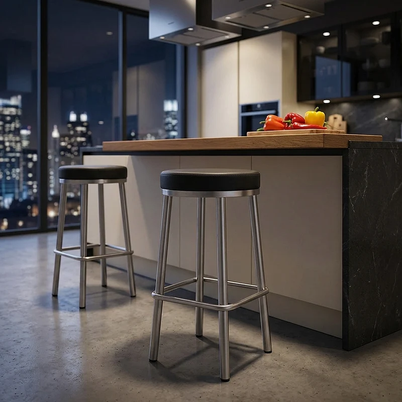 Tabouret Faux Cuir Chrome Brossé - Vision Noir