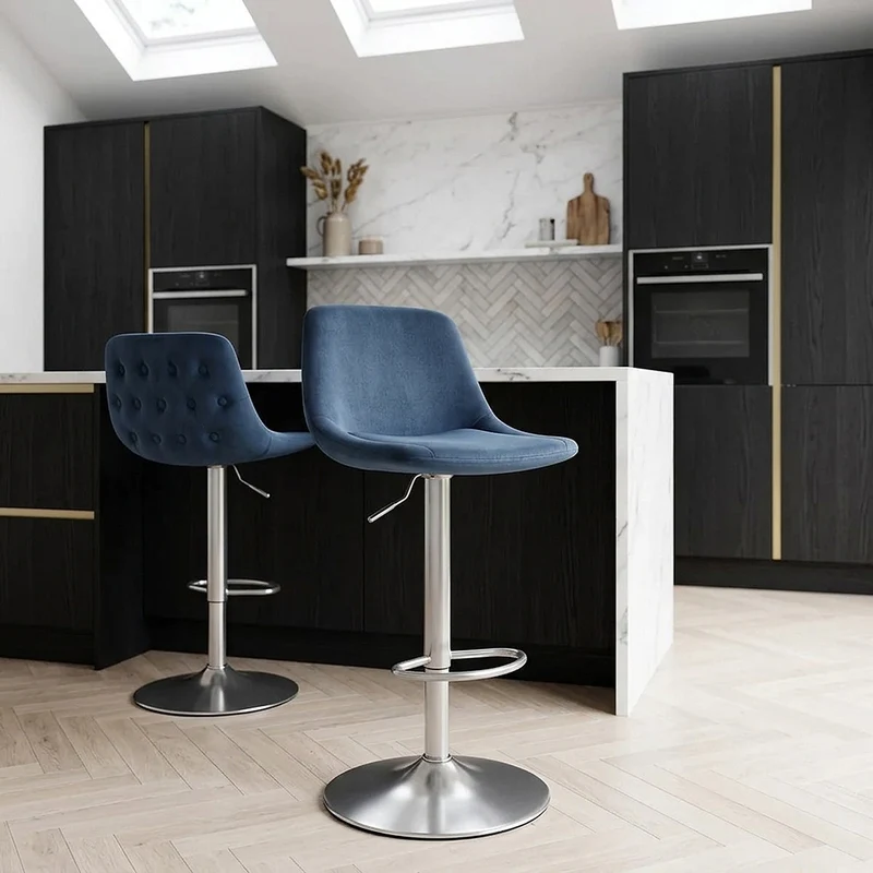 Chaise de Bar Chrome Brossé Velours - Scoop Bleu