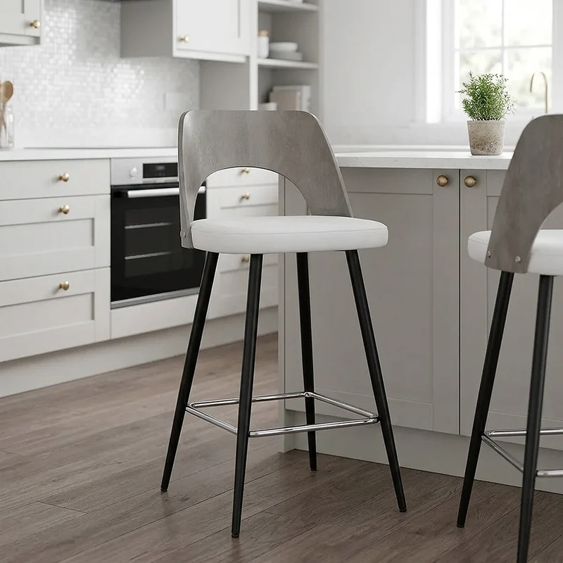 Tabouret Bois Gris et Faux Cuir - Leo Blanc