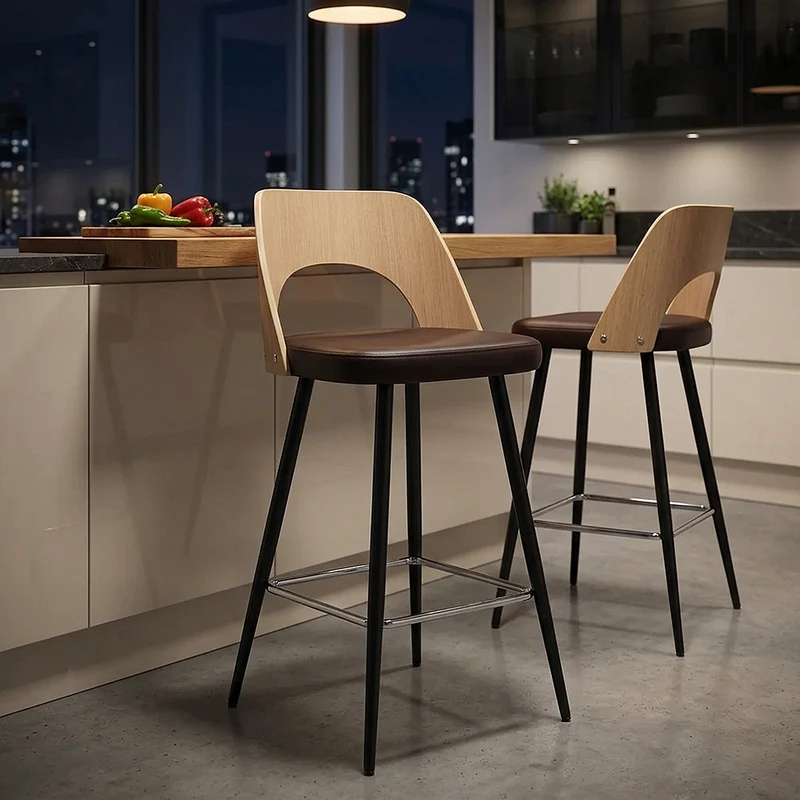 Tabouret Chêne et Faux Cuir - Leo Marron