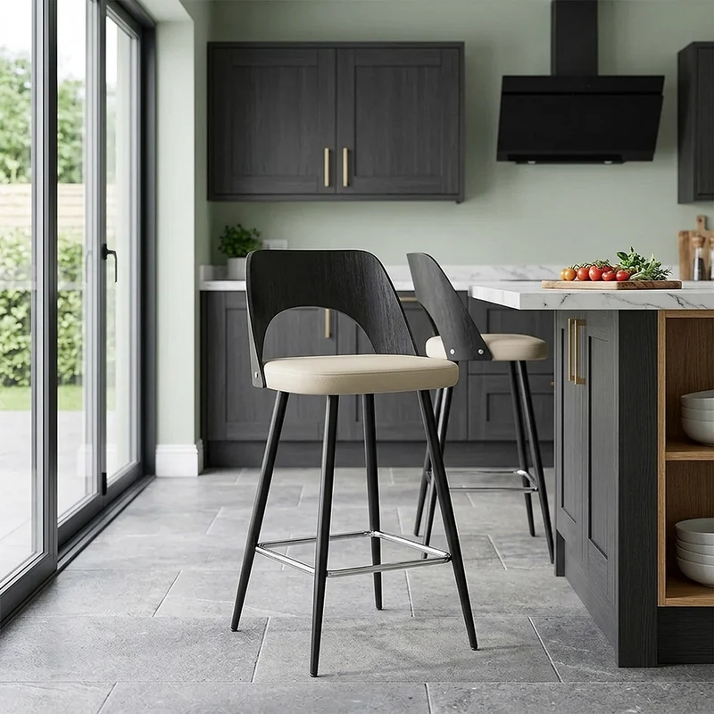Tabouret Bois Noir et Faux Cuir - Leo Crème