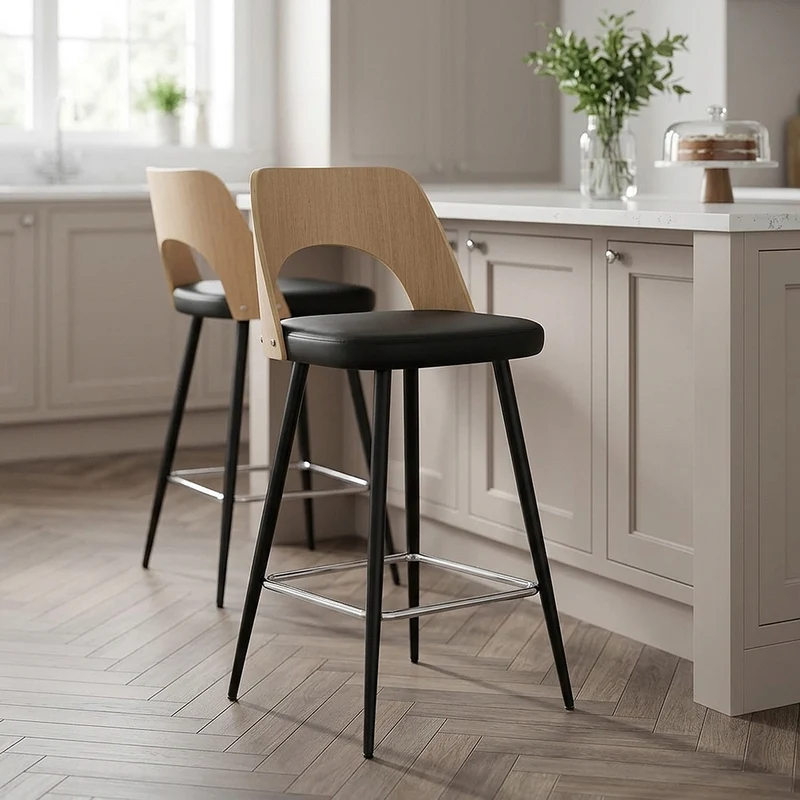 Tabouret Chêne et Faux Cuir - Leo Noir