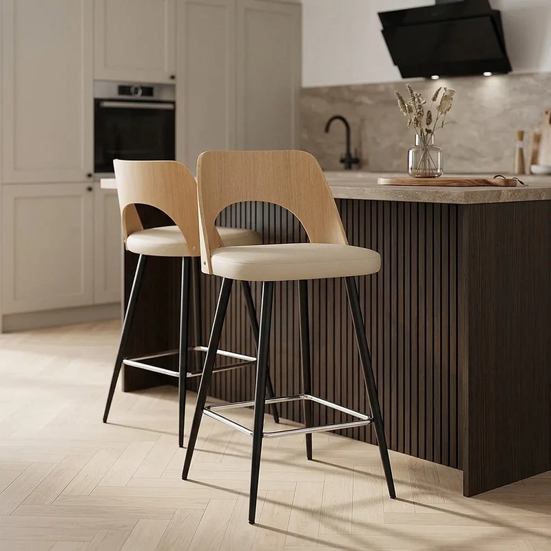 Tabouret Chêne et Faux Cuir - Leo Crème