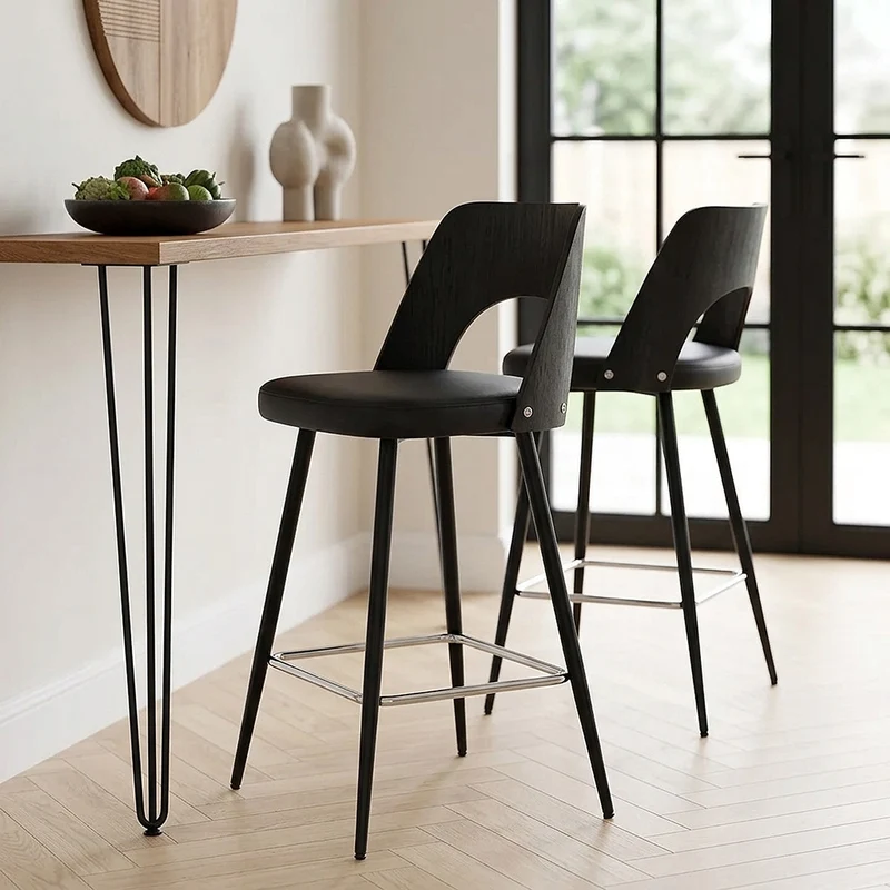 Tabouret Bois Noir et Faux Cuir - Leo Noir