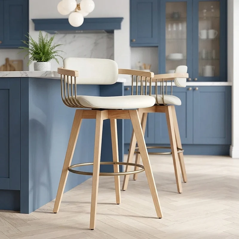 Tabouret Chêne Cuir Véritable - Electra Crème