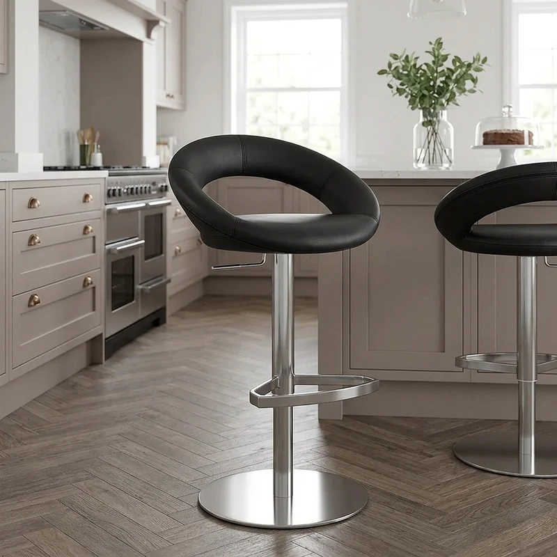 Chaise de Bar Cuir Chrome Brossé - Crescent Matelassé Noir