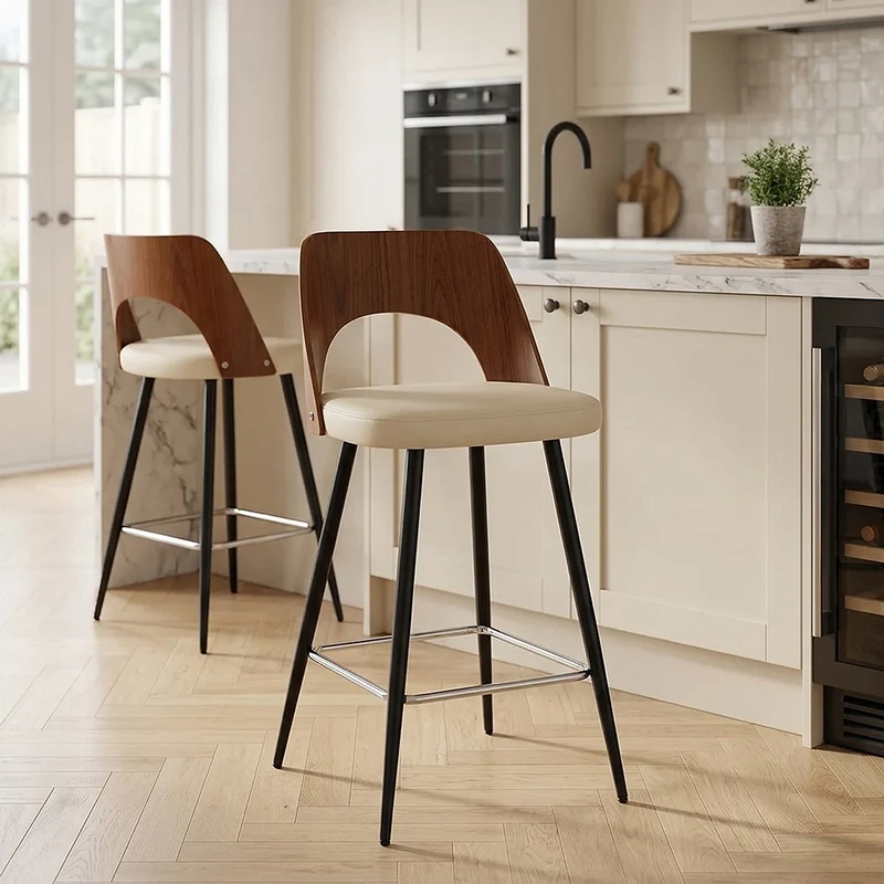 Tabouret Noyer et Faux Cuir - Leo Crème