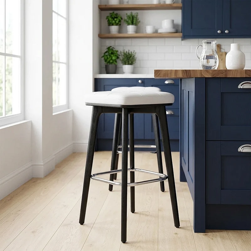 Tabouret Faux Cuir Bois Noir - Malmo Blanc