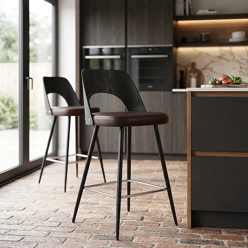 Tabouret Bois Noir et Faux Cuir - Leo Marron