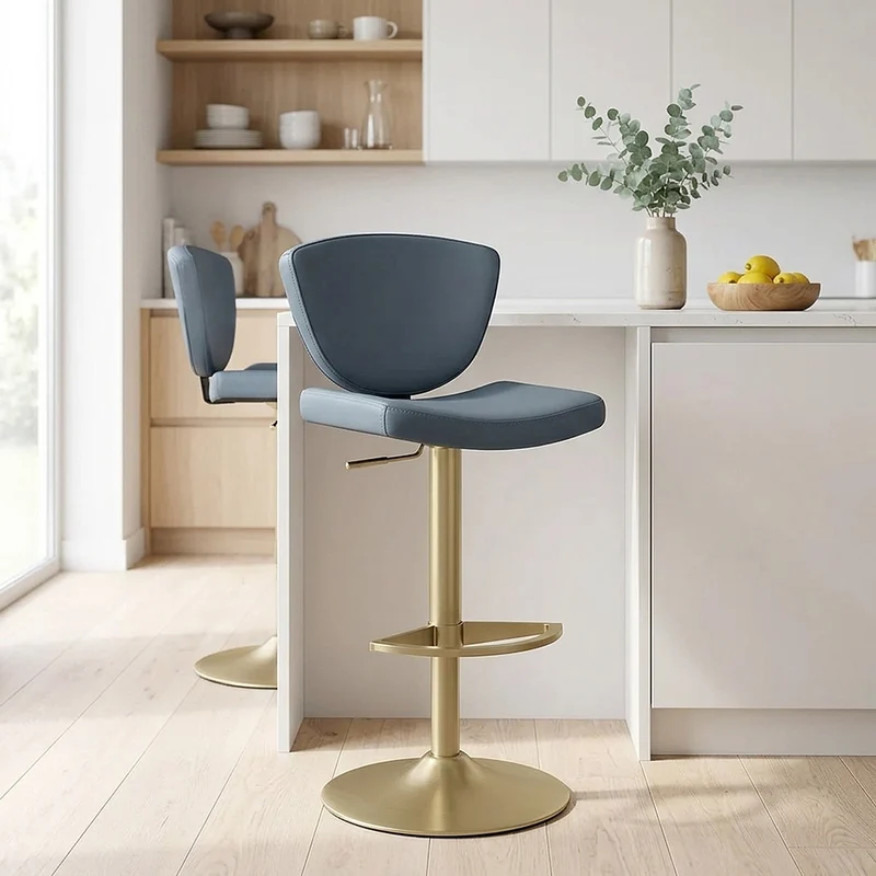 Tabouret Cuir Veritable Doré - Pearl Bleu