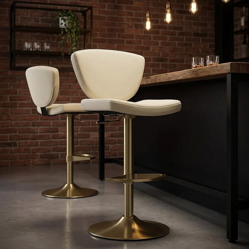 Tabouret Cuir Veritable Doré - Pearl Crème