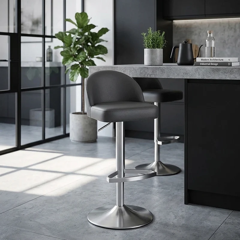 Chaise de Bar Cuir Chrome Brossé - Mimi Gris