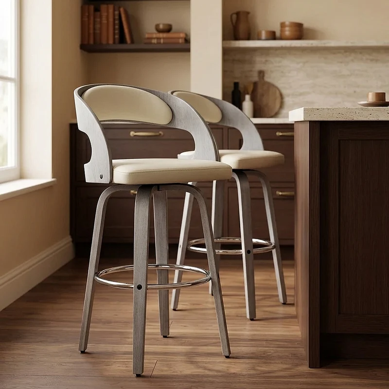 Chaise de bar Bois Gris Faux Cuir - Alicia Crème